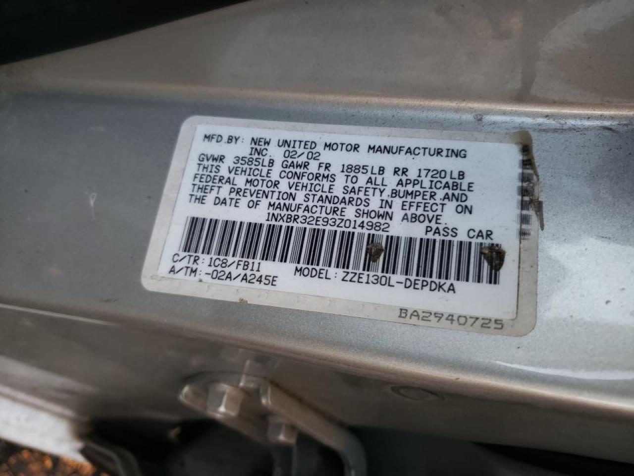 Photo 10 from auction – 2003 TOYOTA COROLLA CE with VIN 1NXBR32E93Z014982