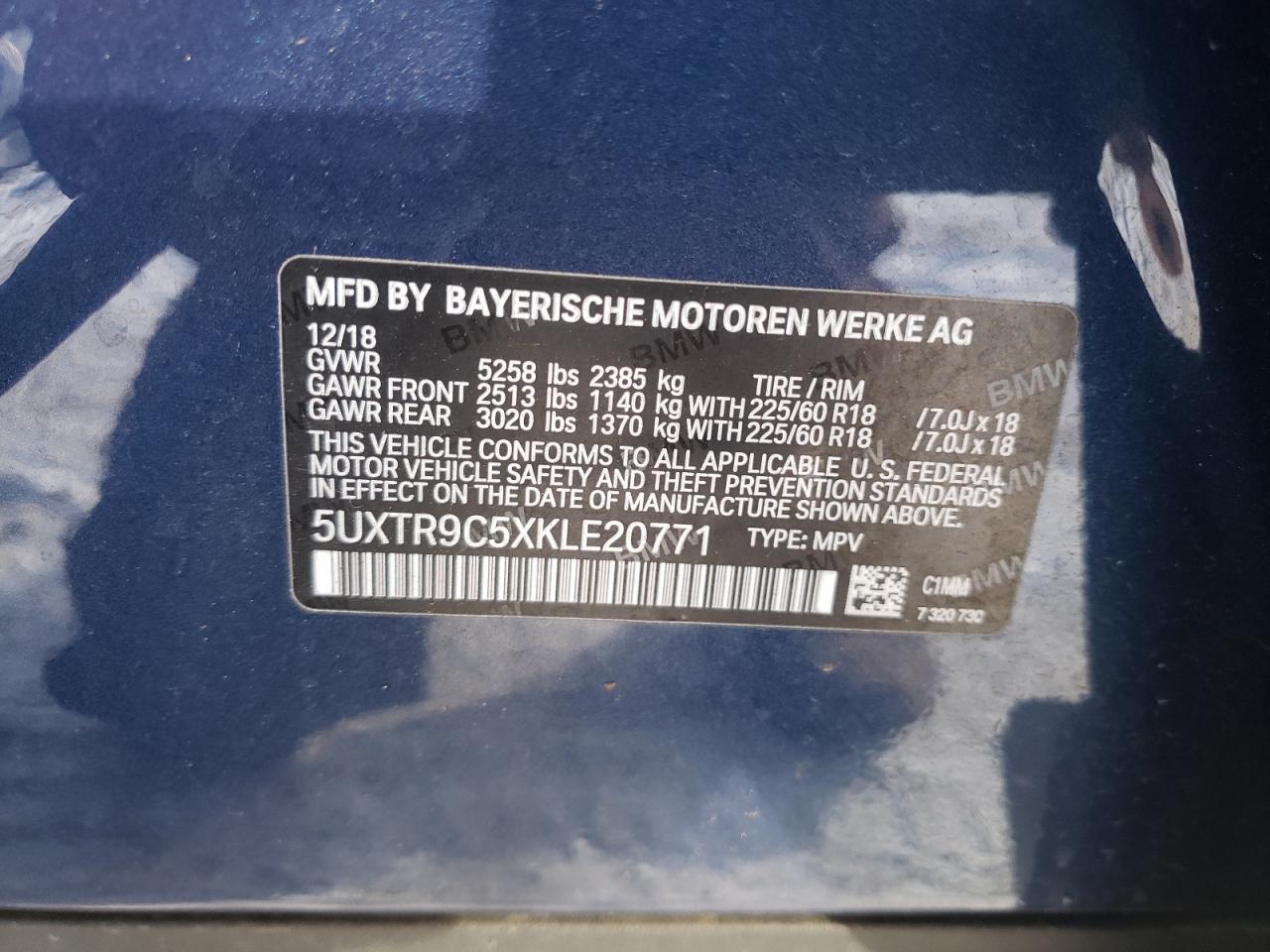 Photo 10 from auction – 2019 BMW X3 XDRIVE3 with VIN 5UXTR9C5XKLE20771