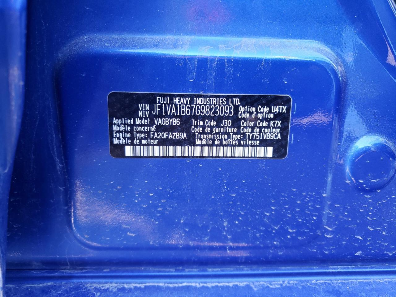 Photo 10 from auction – 2016 SUBARU WRX with VIN JF1VA1B67G9823093