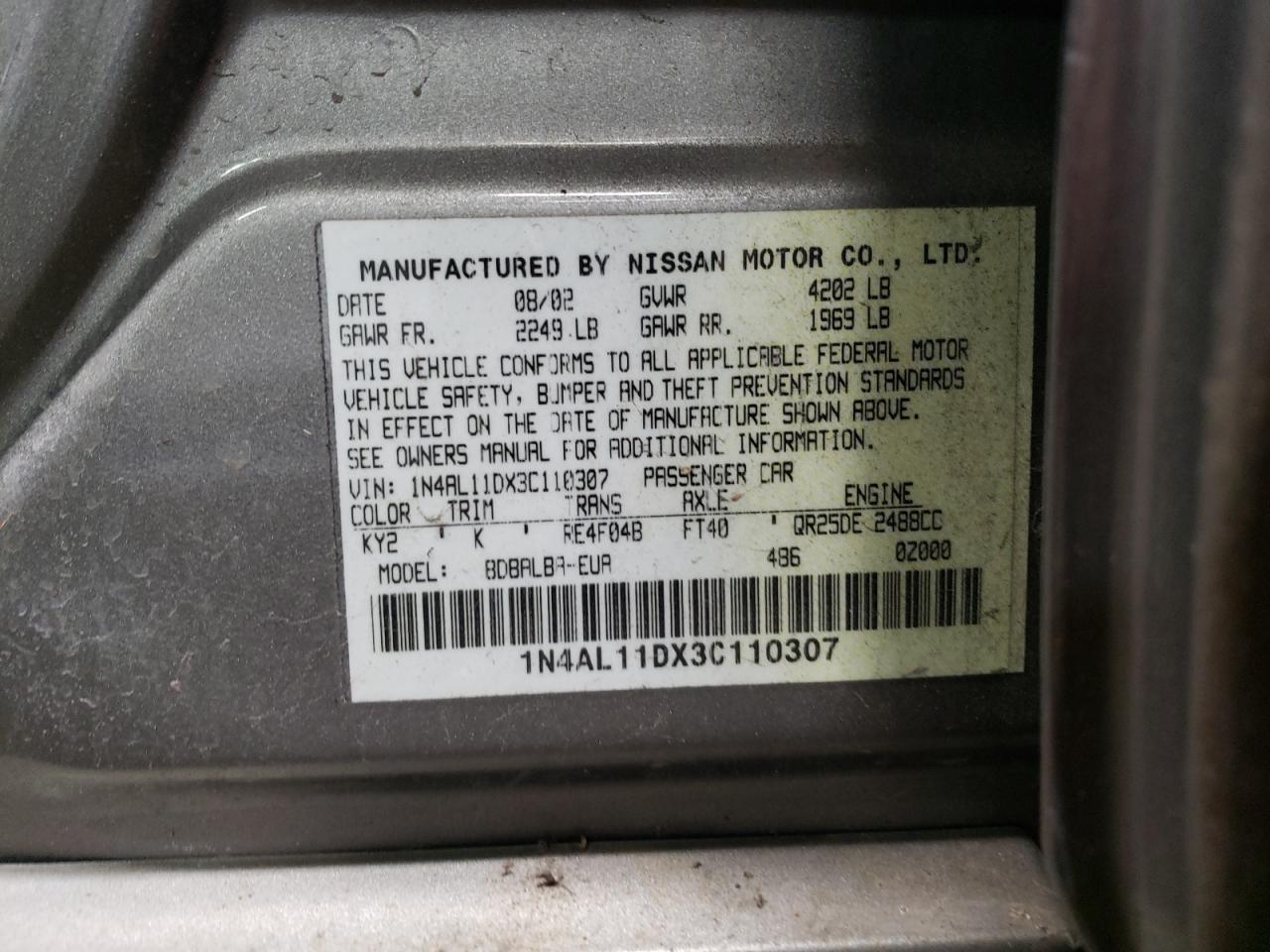 Photo 10 from auction – 2003 NISSAN ALTIMA BAS with VIN 1N4AL11DX3C110307