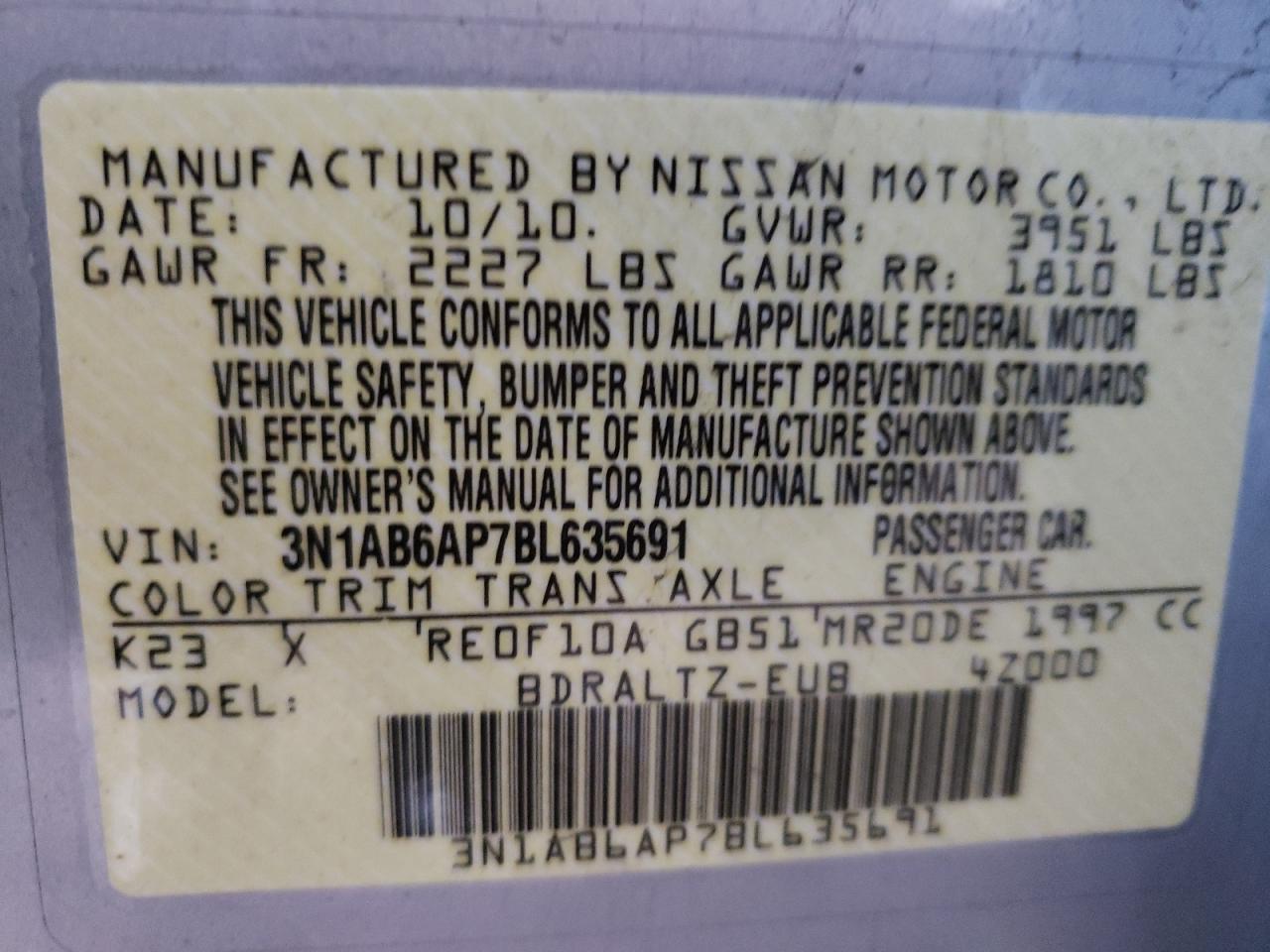 Photo 10 from auction – 2011 NISSAN SENTRA 2.0 with VIN 3N1AB6AP7BL635691
