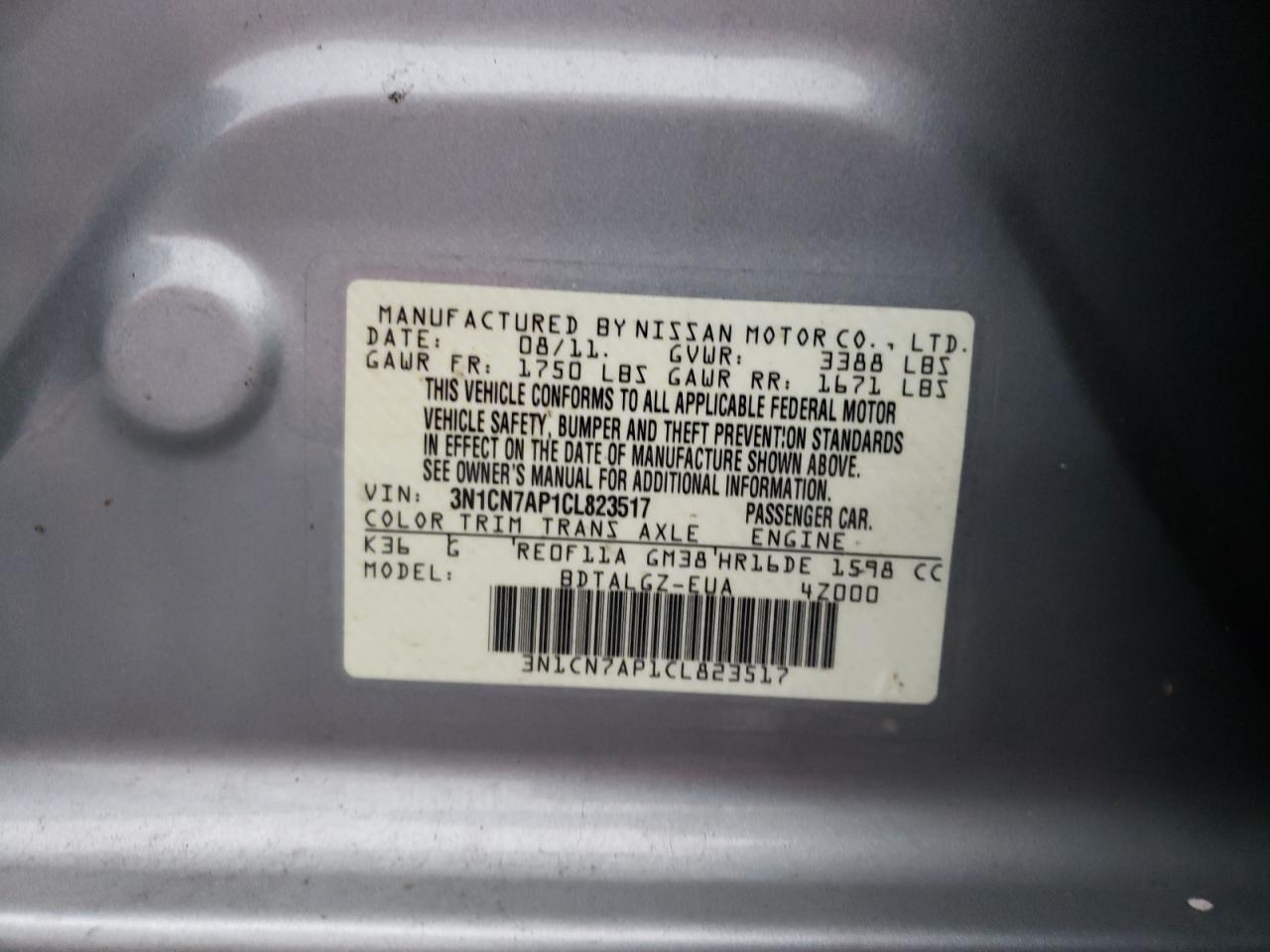 Photo 10 from auction – 2012 NISSAN VERSA S with VIN 3N1CN7AP1CL823517