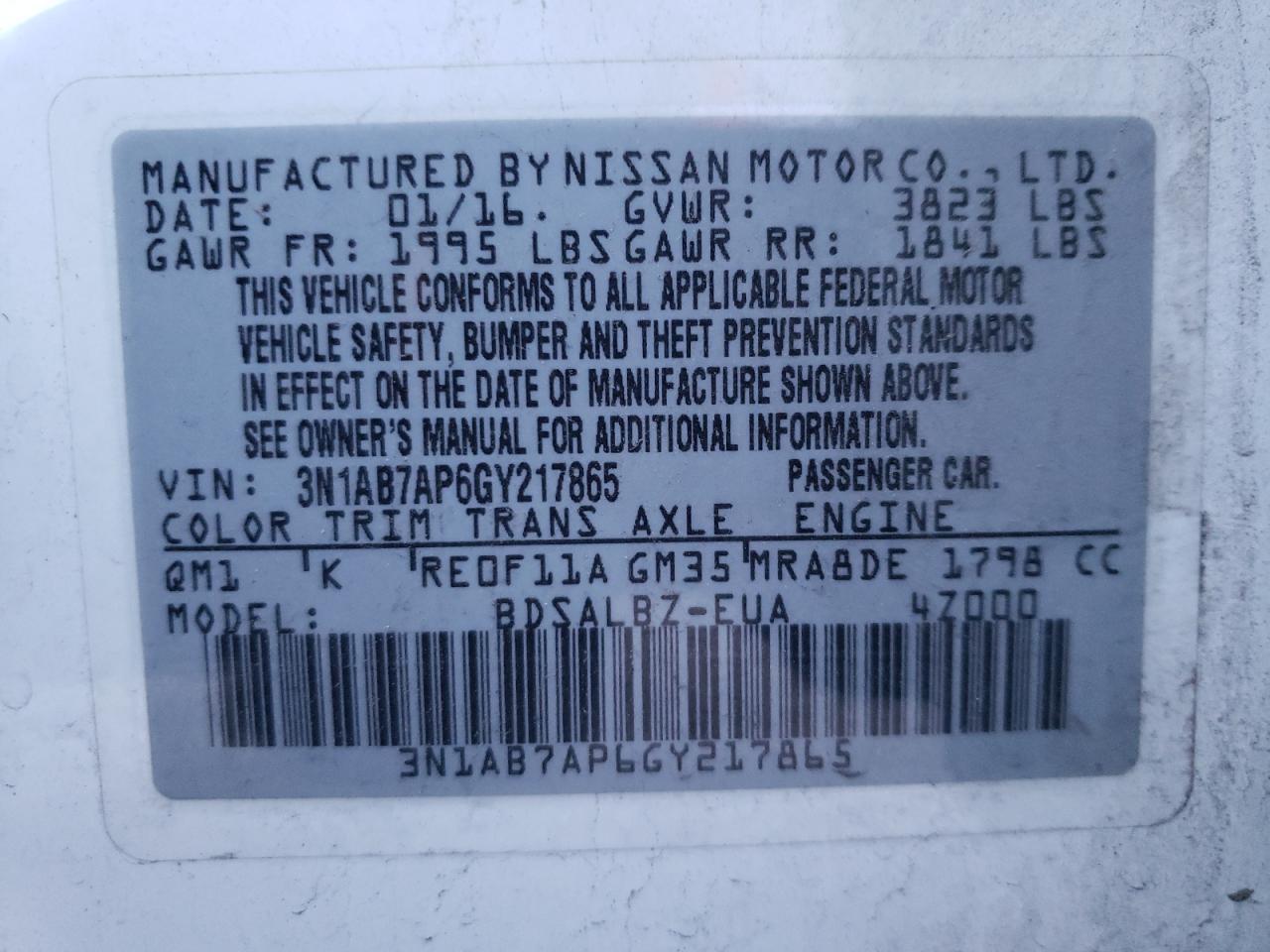 Photo 10 from auction – 2016 NISSAN SENTRA S with VIN 3N1AB7AP6GY217865