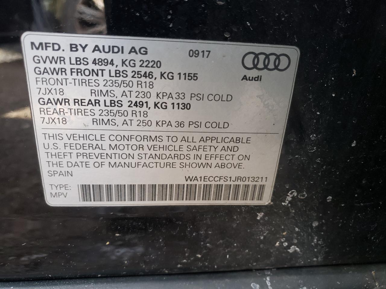 Photo 10 from auction – 2018 AUDI Q3 PREMIUM with VIN WA1ECCFS1JR013211