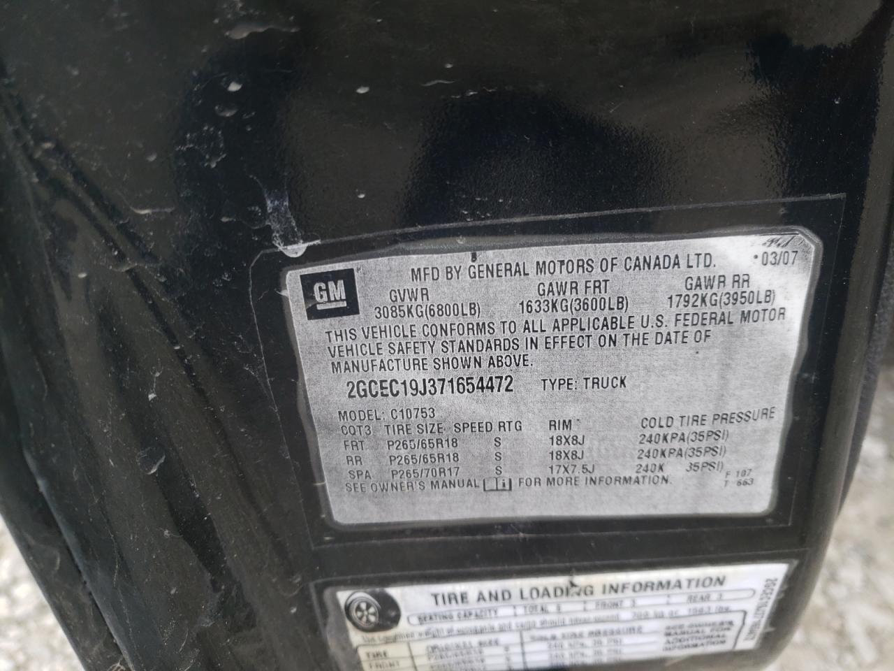 Photo 10 from auction – 2007 CHEVROLET SILVERADO with VIN 2GCEC19J371654472