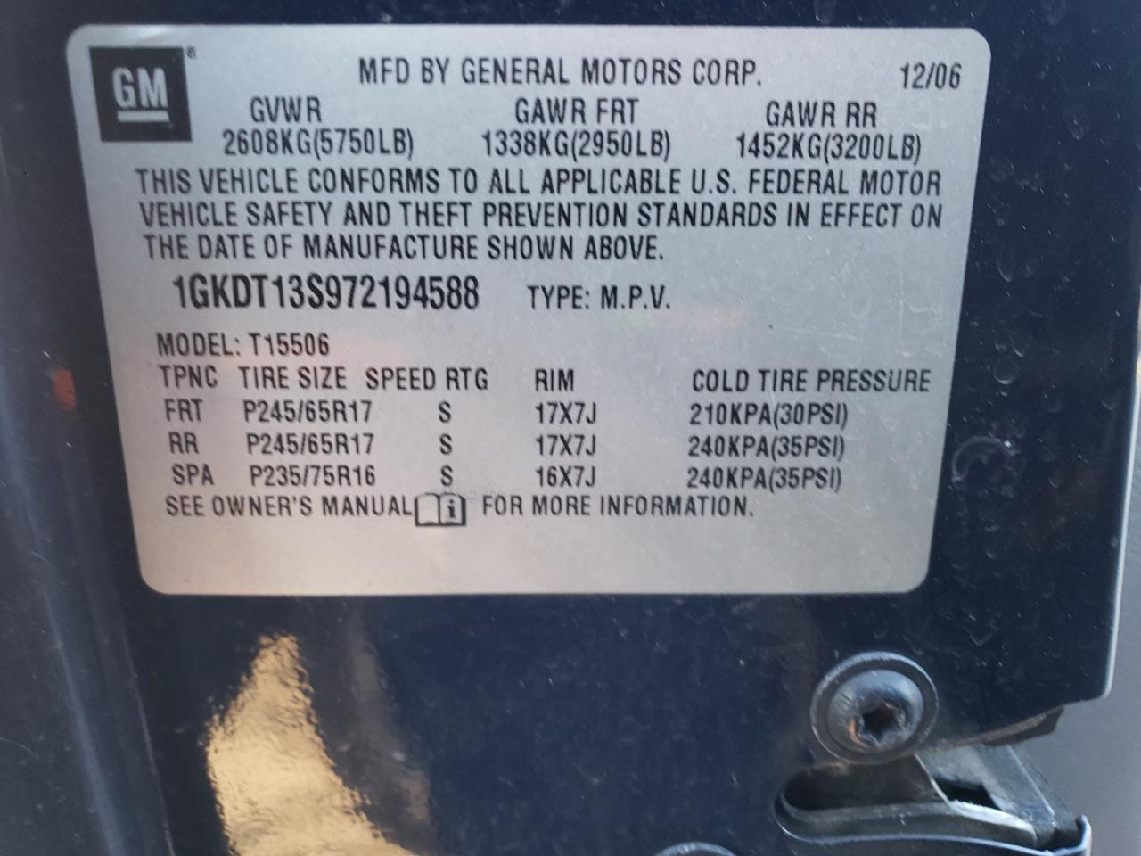 Photo 10 from auction – 2007 GMC ENVOY with VIN 1GKDT13S972194588