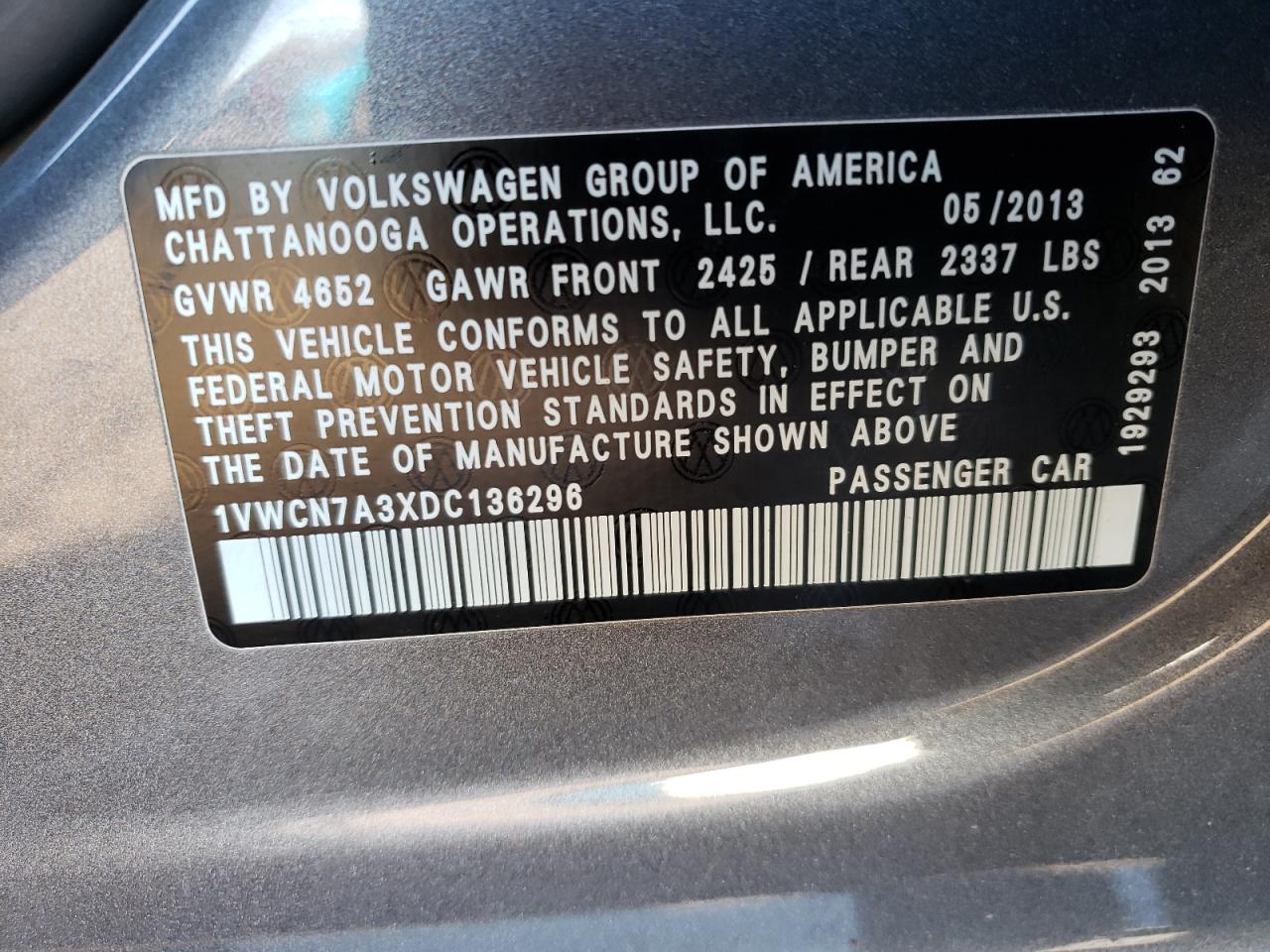 Photo 10 from auction – 2013 VOLKSWAGEN PASSAT SEL with VIN 1VWCN7A3XDC136296