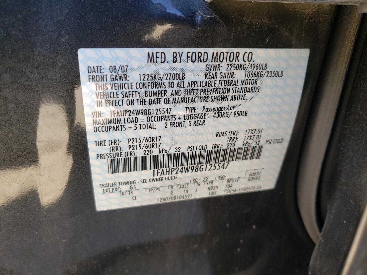 Photo 10 from auction – 2008 FORD TAURUS SEL with VIN 1FAHP24W98G125547