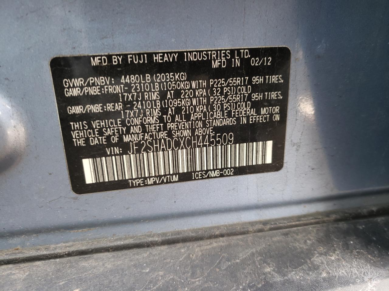 Photo 10 from auction – 2012 SUBARU FORESTER 2 with VIN JF2SHADCXCH445509