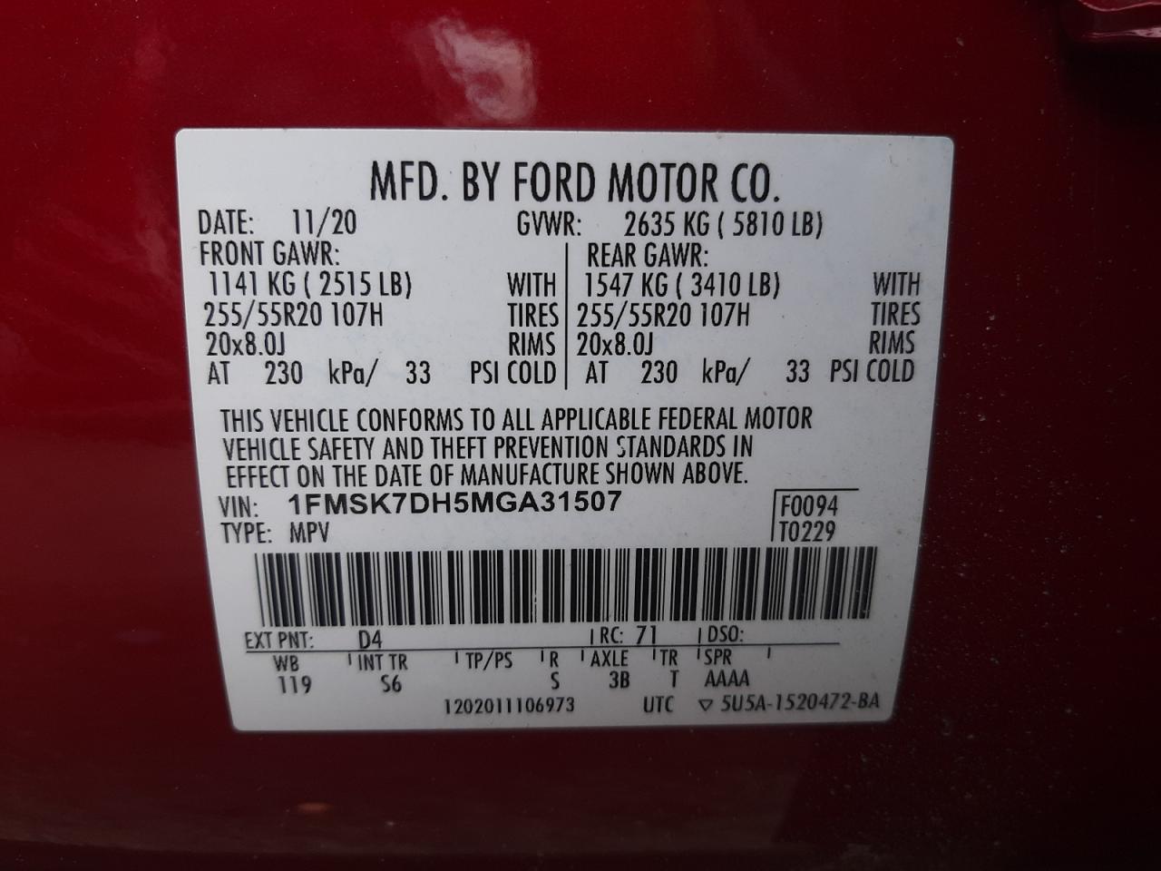 Photo 10 from auction – 2021 FORD EXPLORER X with VIN 1FMSK7DH5MGA31507