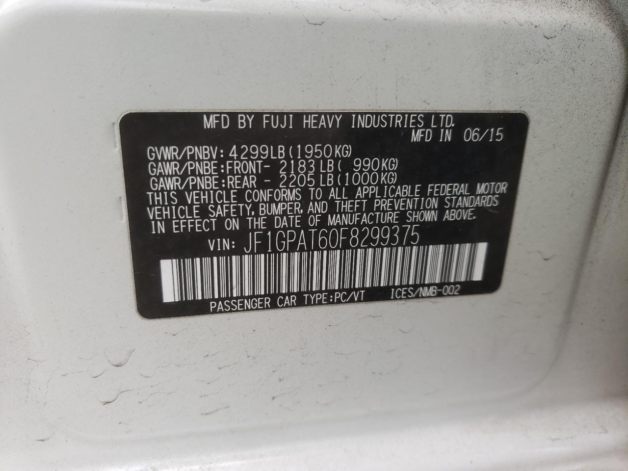 Photo 10 from auction – 2015 SUBARU IMPREZA SP with VIN JF1GPAT60F8299375