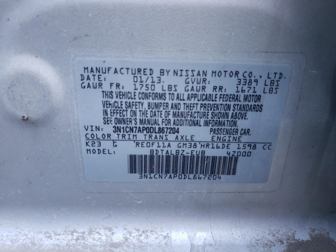 Photo 10 from auction – 2013 NISSAN VERSA S with VIN 3N1CN7AP0DL867204