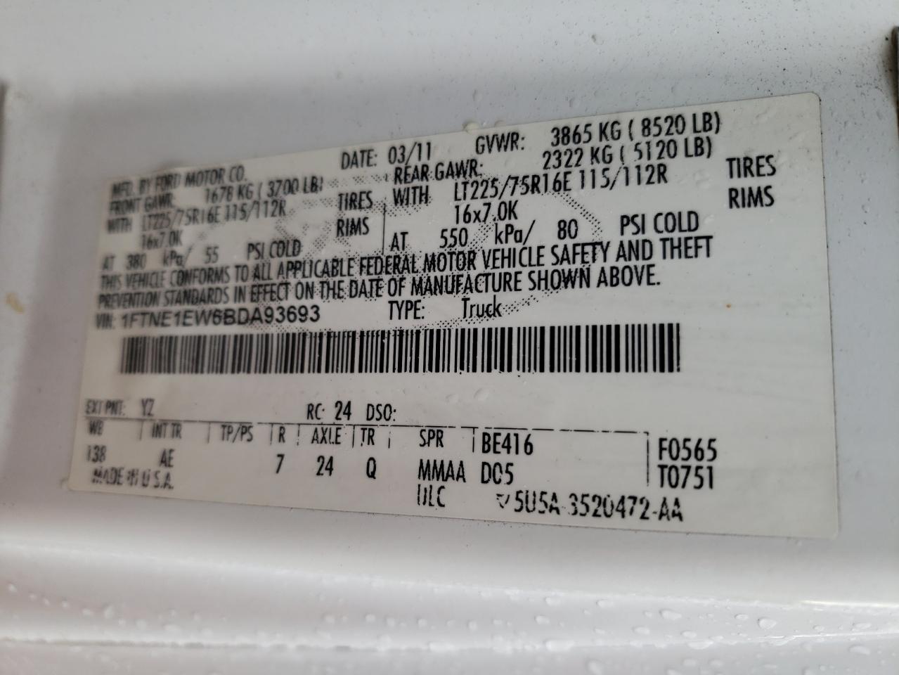 Photo 10 from auction – 2011 FORD ECONOLINE with VIN 1FTNE1EW6BDA93693