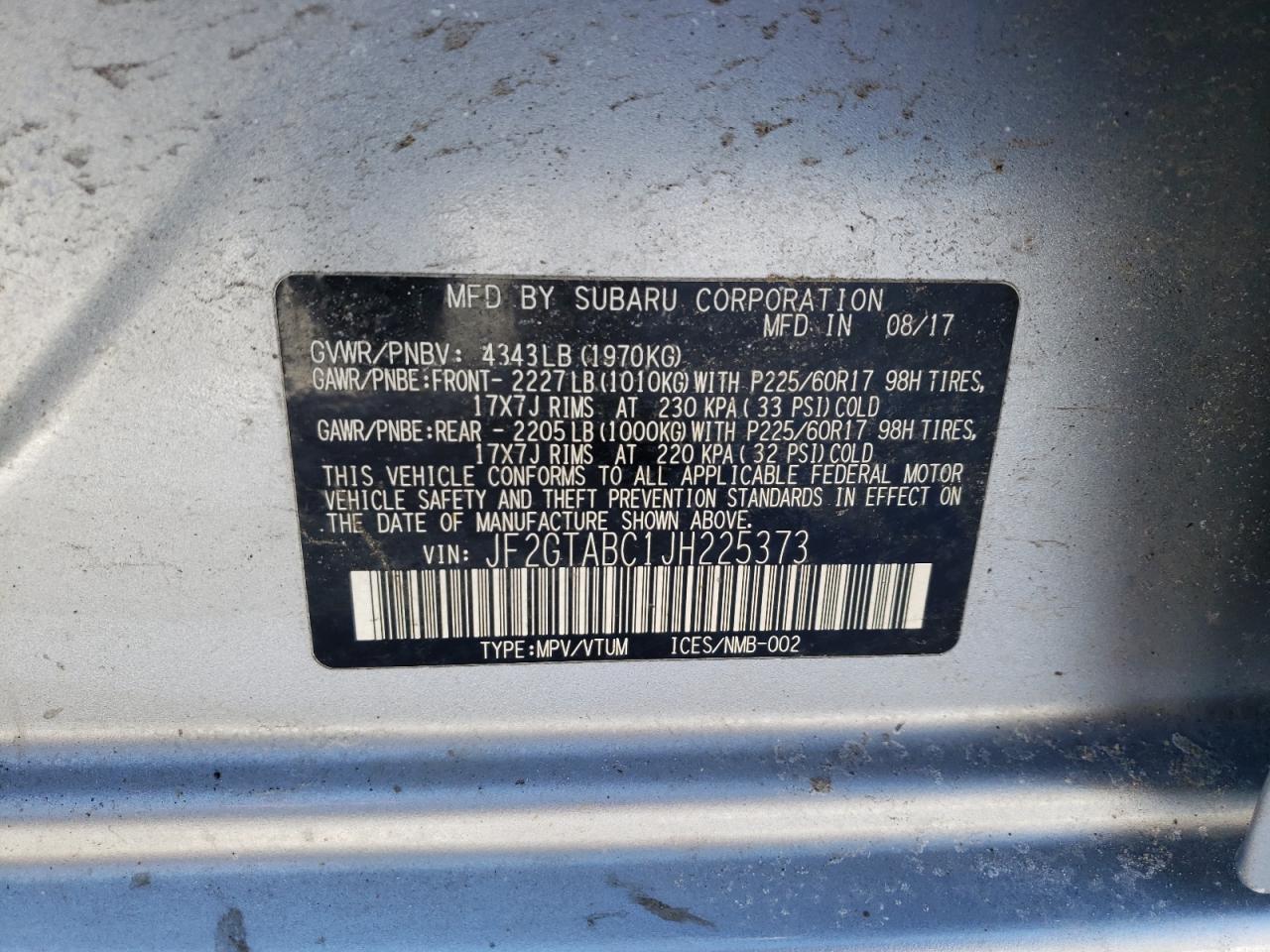 Photo 10 from auction – 2018 SUBARU CROSSTREK with VIN JF2GTABC1JH225373
