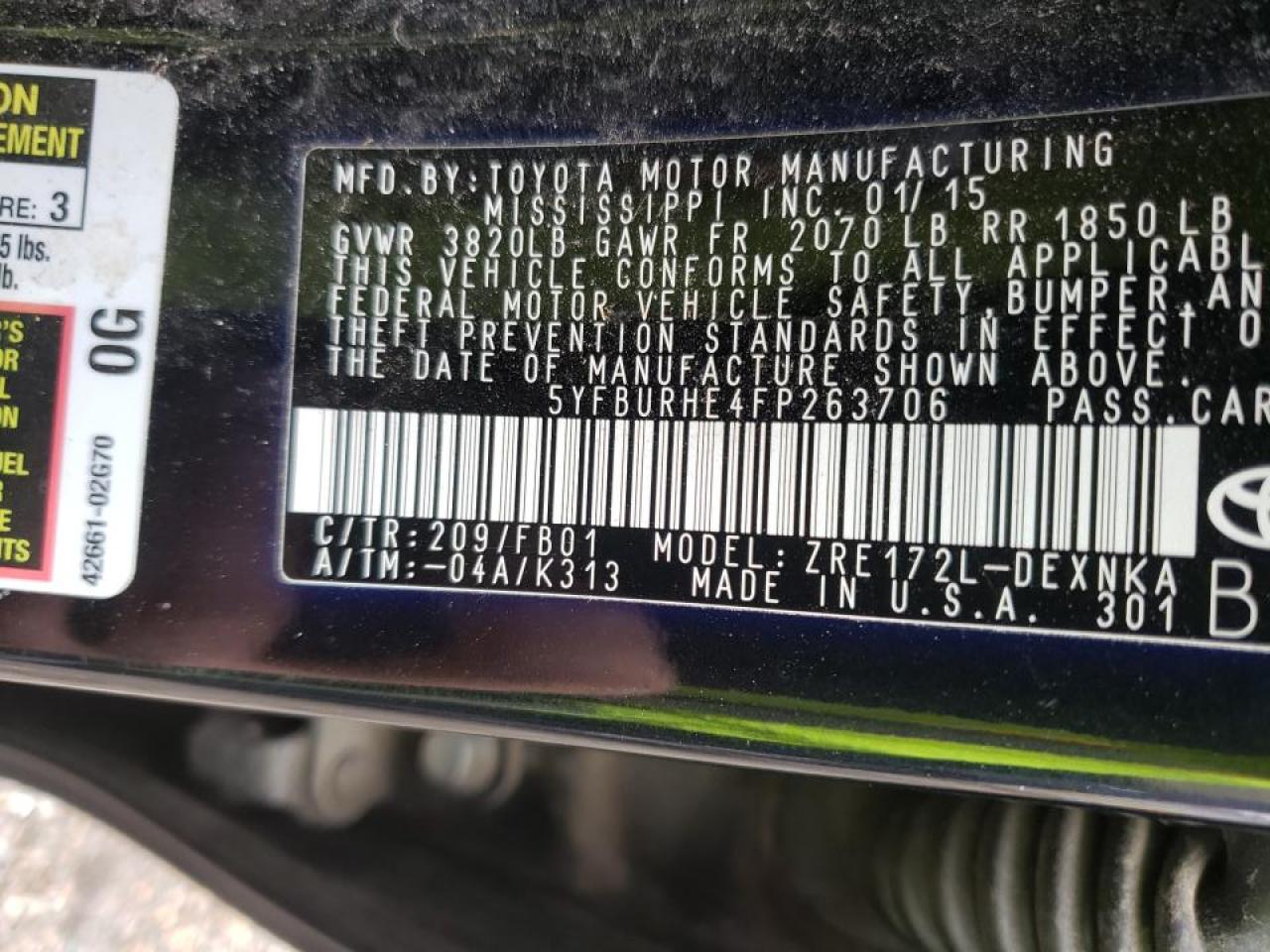 Photo 10 from auction – 2015 TOYOTA COROLLA L with VIN 5YFBURHE4FP263706