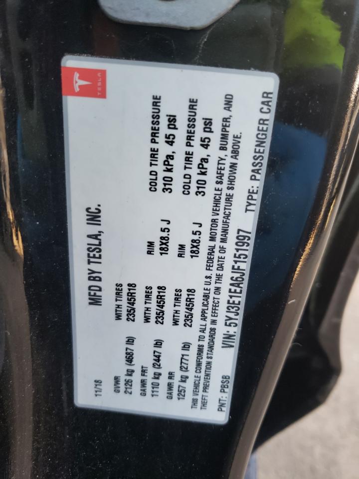 Photo 10 from auction – 2018 TESLA MODEL 3 with VIN 5YJ3E1EA6JF151997