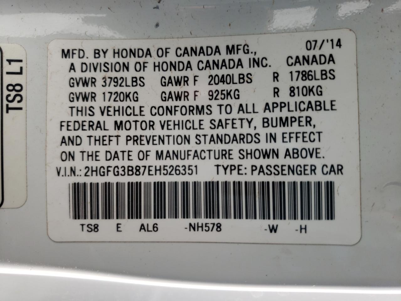 Photo 10 from auction – 2014 HONDA CIVIC EX with VIN 2HGFG3B87EH526351