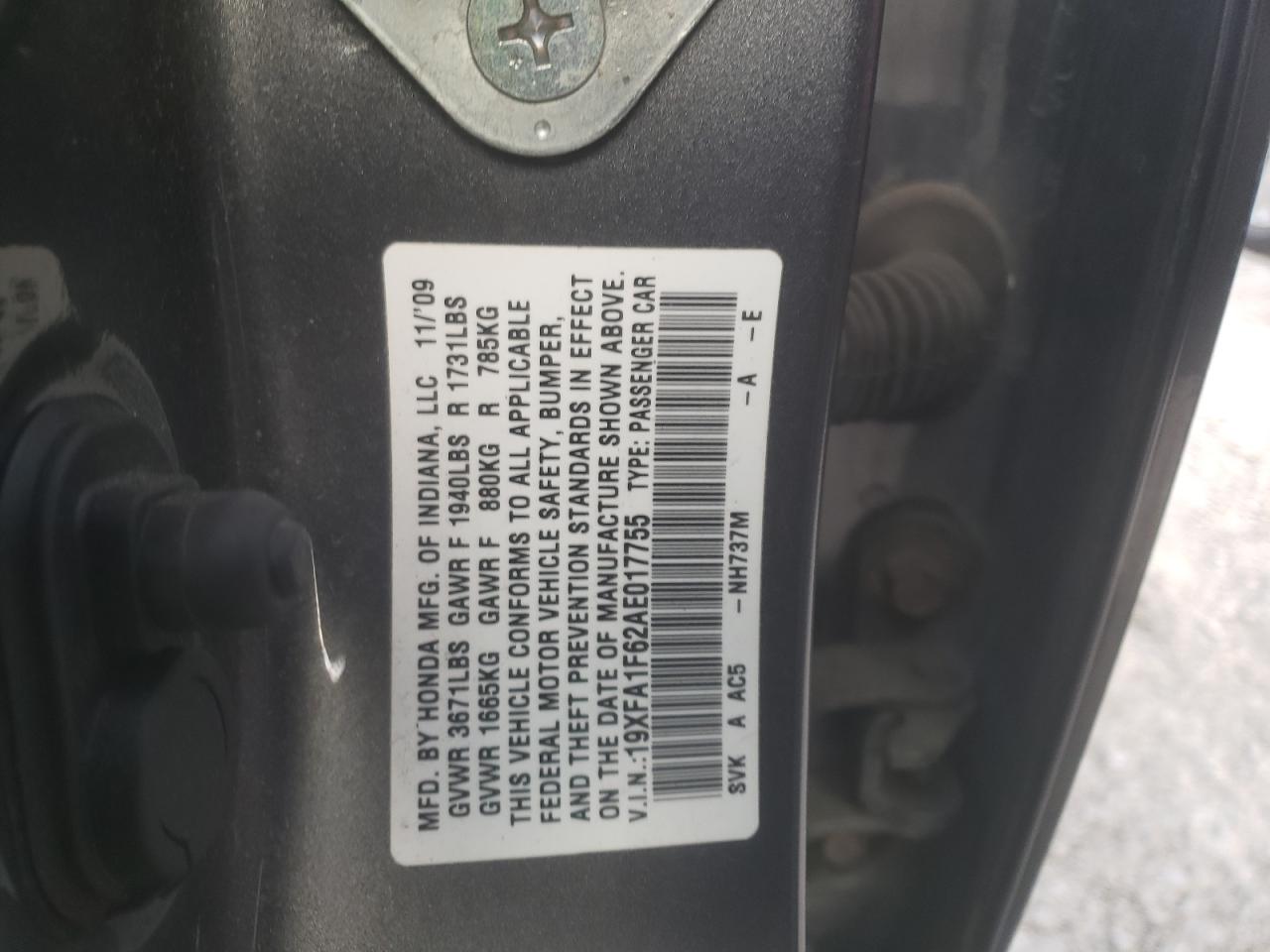 Photo 10 from auction – 2010 HONDA CIVIC LX-S with VIN 19XFA1F62AE017755