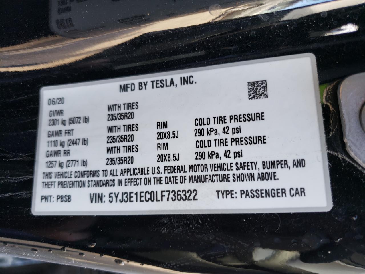 Photo 10 from auction – 2020 TESLA MODEL 3 with VIN 5YJ3E1EC0LF736322