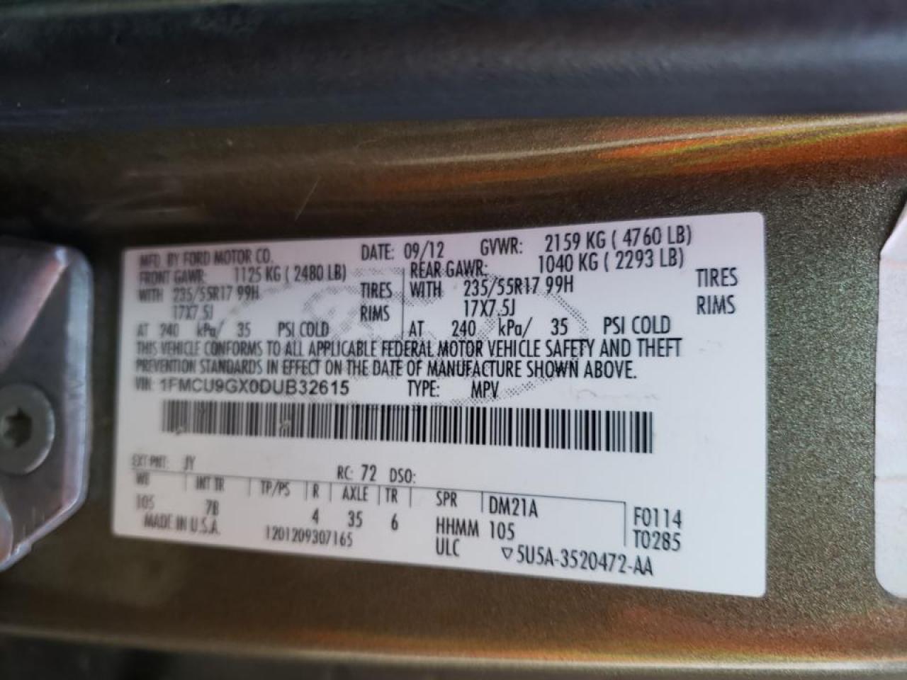 Photo 10 from auction – 2013 FORD ESCAPE SE with VIN 1FMCU9GX0DUB32615