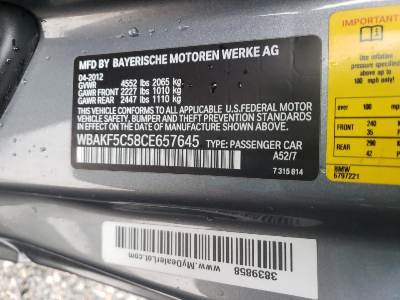 Photo 10 from auction – 2012 BMW 328 XI SUL with VIN WBAKF5C58CE657645