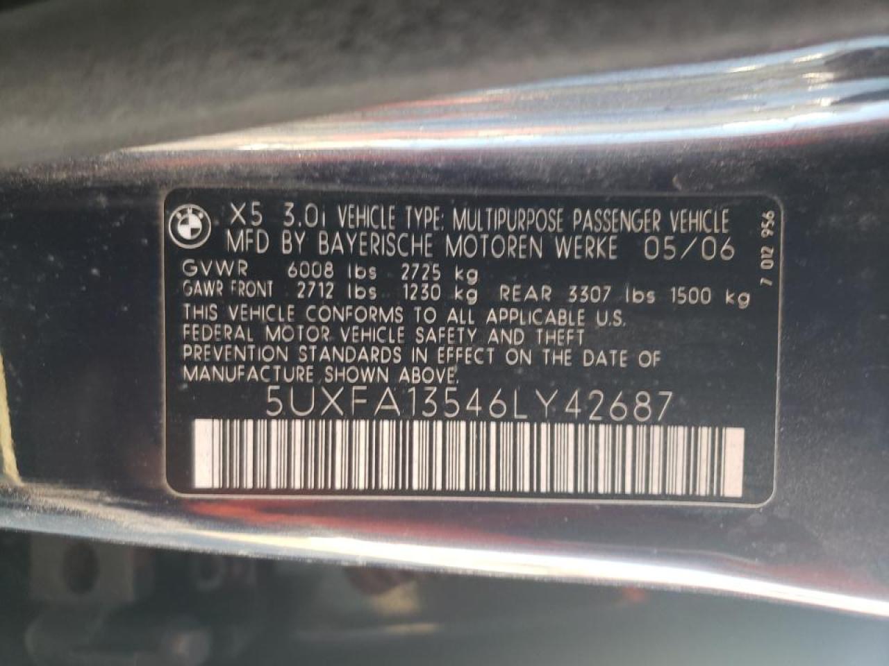 Photo 10 from auction – 2006 BMW X5 3.0I with VIN 5UXFA13546LY42687