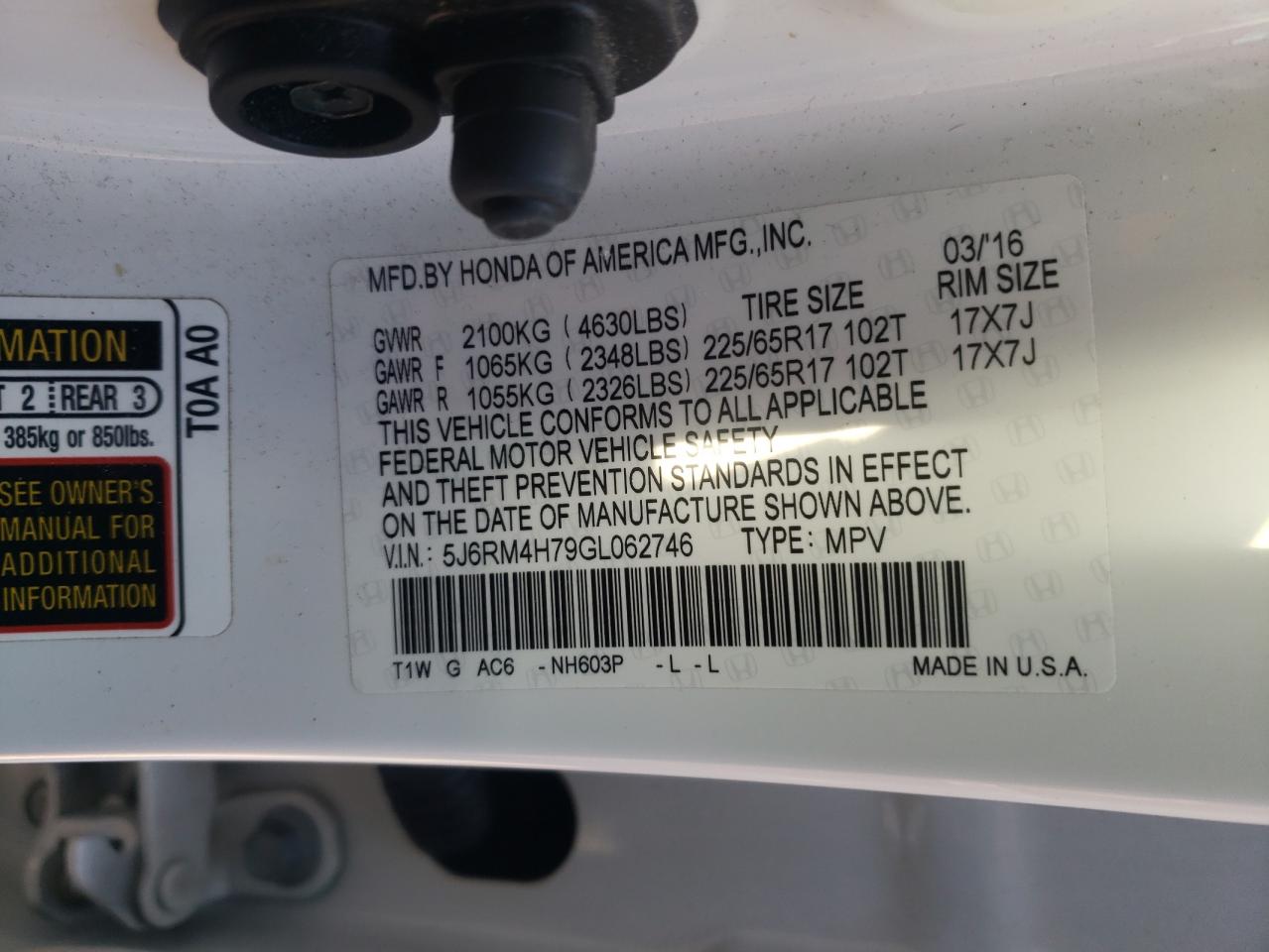Photo 10 from auction – 2016 HONDA CR-V EXL with VIN 5J6RM4H79GL062746