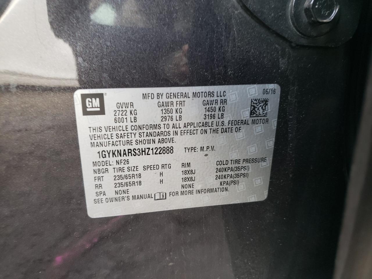 Photo 10 from auction – 2017 CADILLAC XT5 with VIN 1GYKNARS3HZ122888