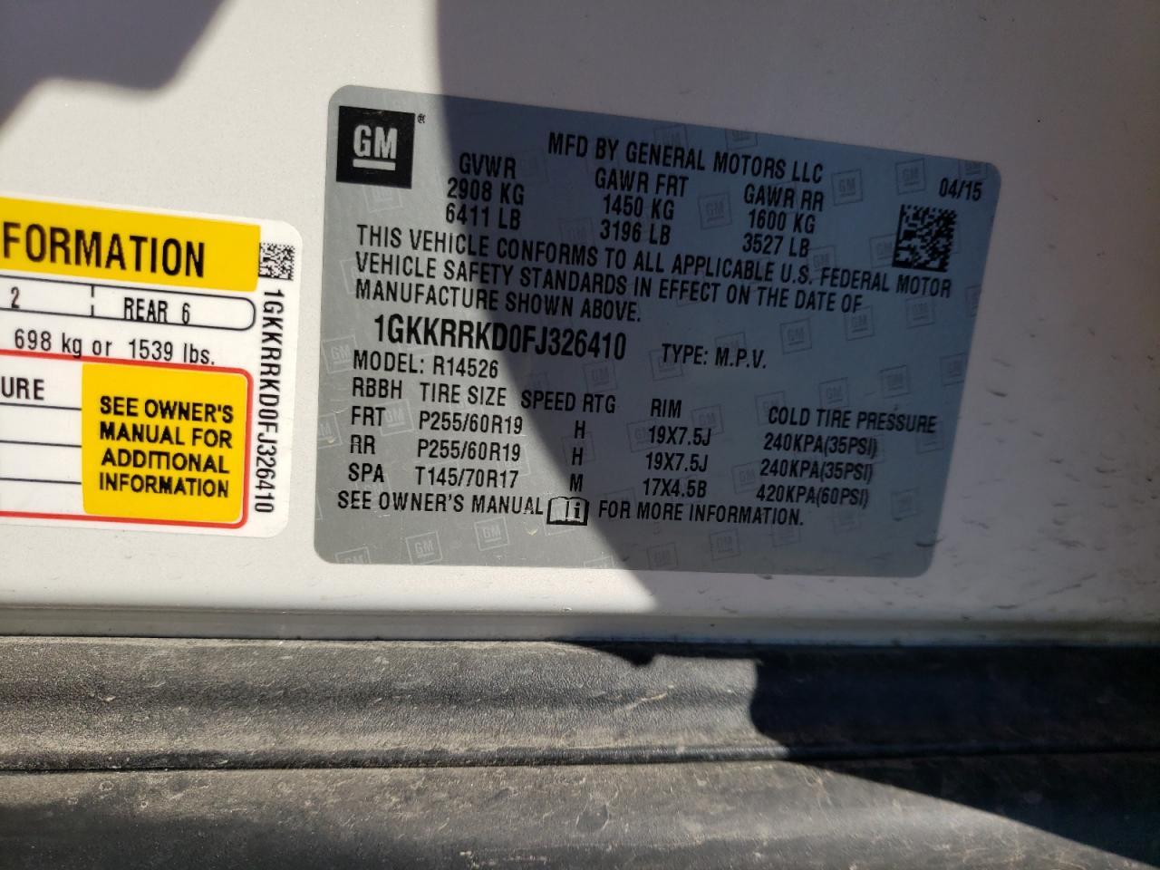 Photo 10 from auction – 2015 GMC ACADIA SLT with VIN 1GKKRRKD0FJ326410