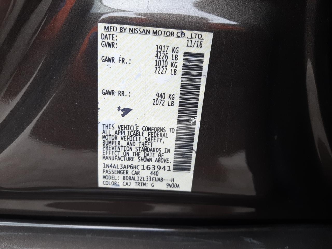 Photo 10 from auction – 2017 NISSAN ALTIMA BAS with VIN 1N4AL3AP6HC163941