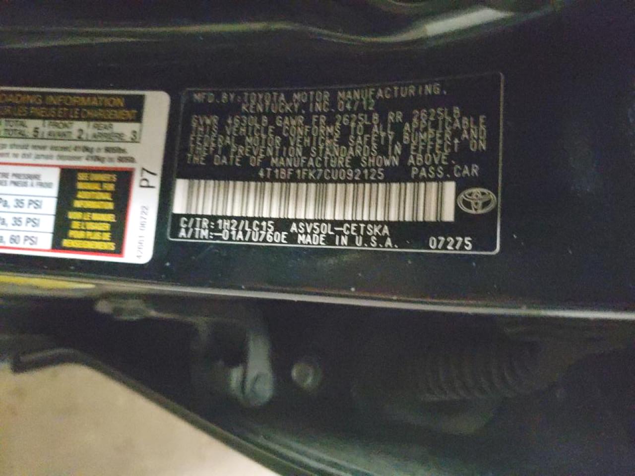 Photo 10 from auction – 2012 TOYOTA CAMRY BASE with VIN 4T1BF1FK7CU092125