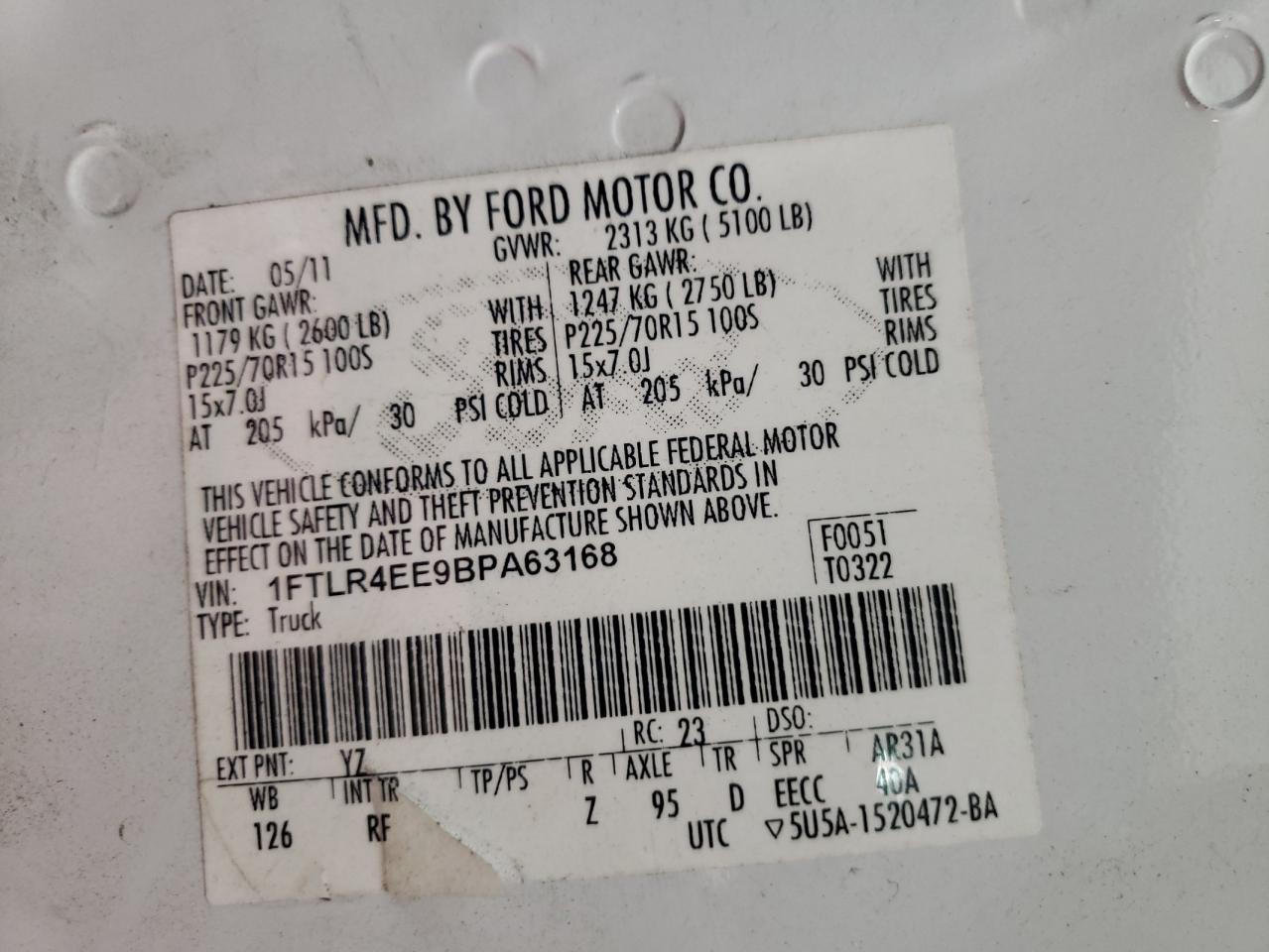 Photo 10 from auction – 2011 FORD RANGER with VIN 1FTLR4EE9BPA63168