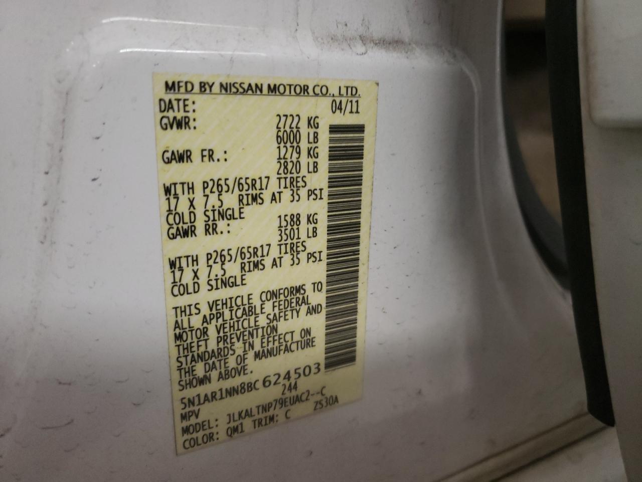 Photo 10 from auction – 2011 NISSAN PATHFINDER with VIN 5N1AR1NN8BC624503