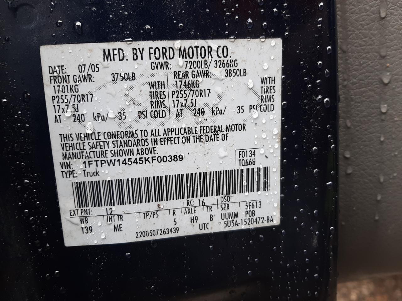 Photo 10 from auction – 2005 FORD F150 SUPER with VIN 1FTPW14545KF00389