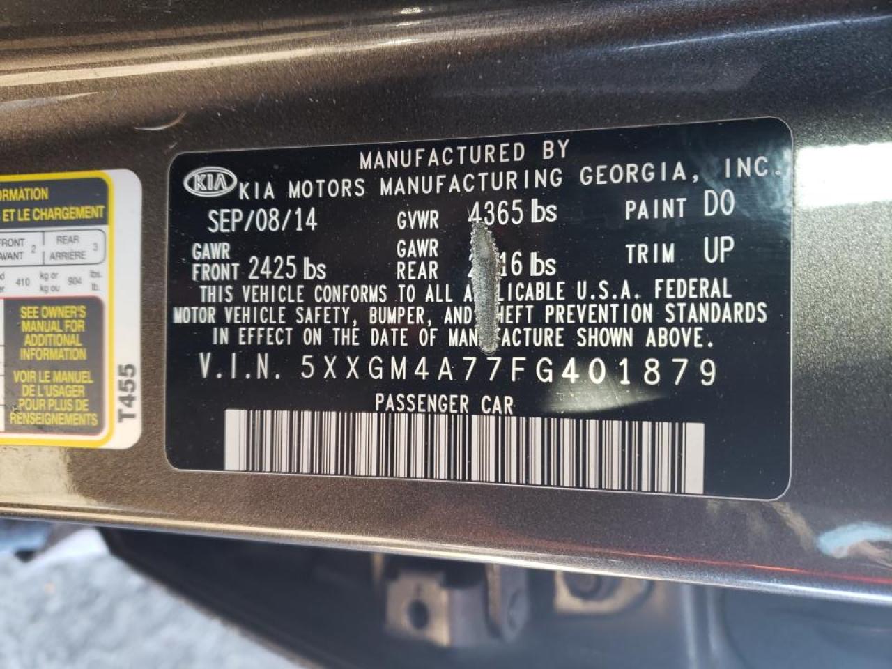 Photo 10 from auction – 2015 KIA OPTIMA LX with VIN 5XXGM4A77FG401879