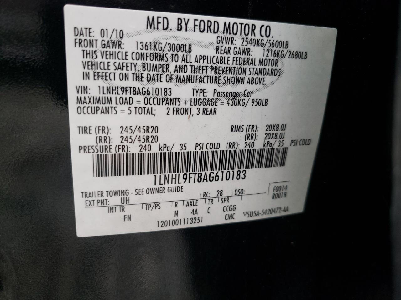 Photo 20 from auction – 2010 LINCOLN MKS with VIN 1LNHL9FT8AG610183