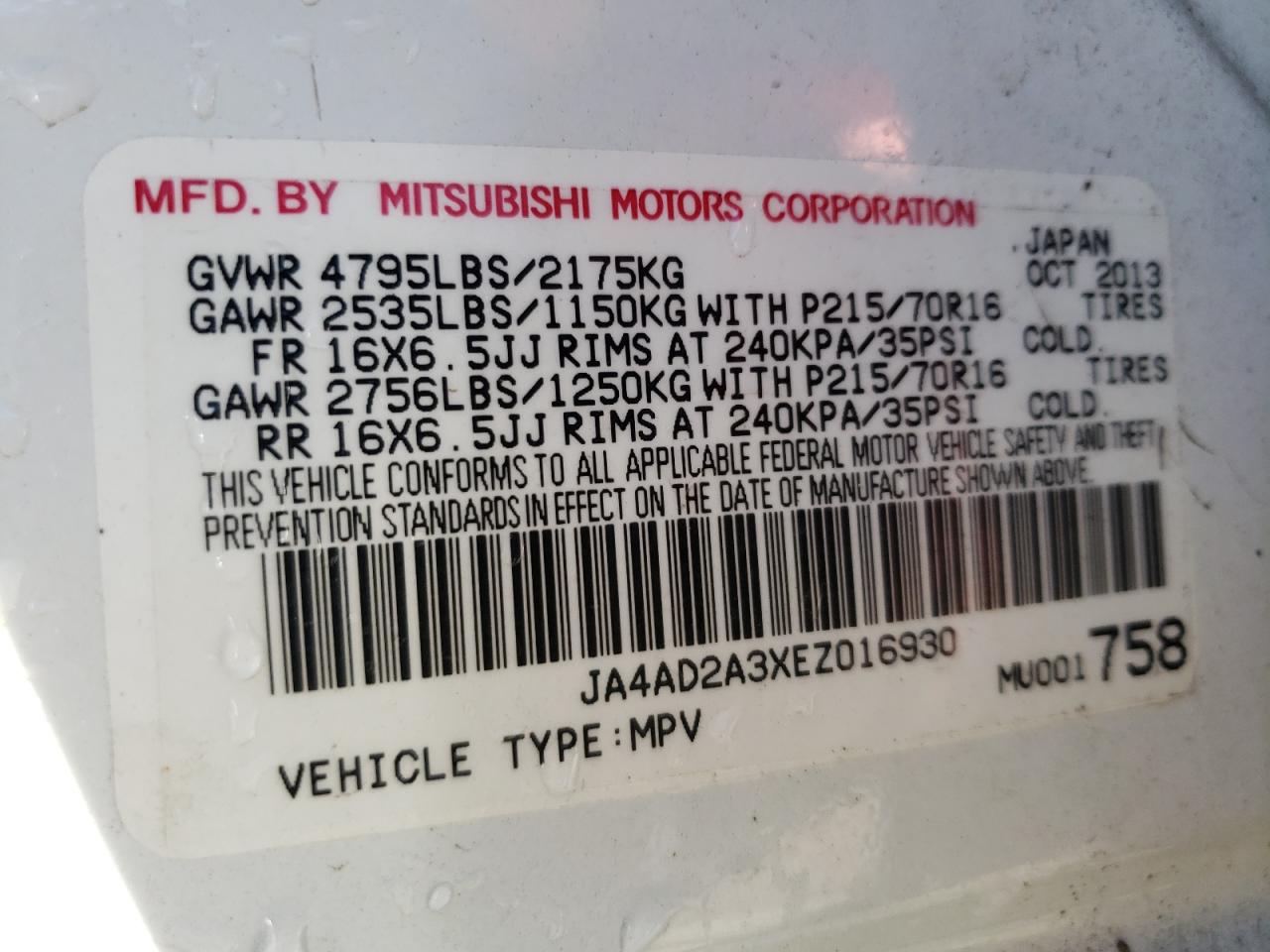 Photo 10 from auction – 2014 MITSUBISHI OUTLANDER with VIN JA4AD2A3XEZ016930