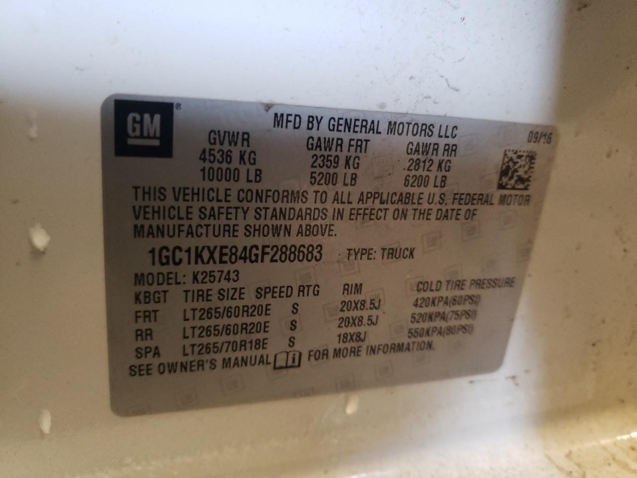 Zdjęcie 10 z aukcji – 2016 CHEVROLET SILVERADO z VIN 1GC1KXE84GF288683