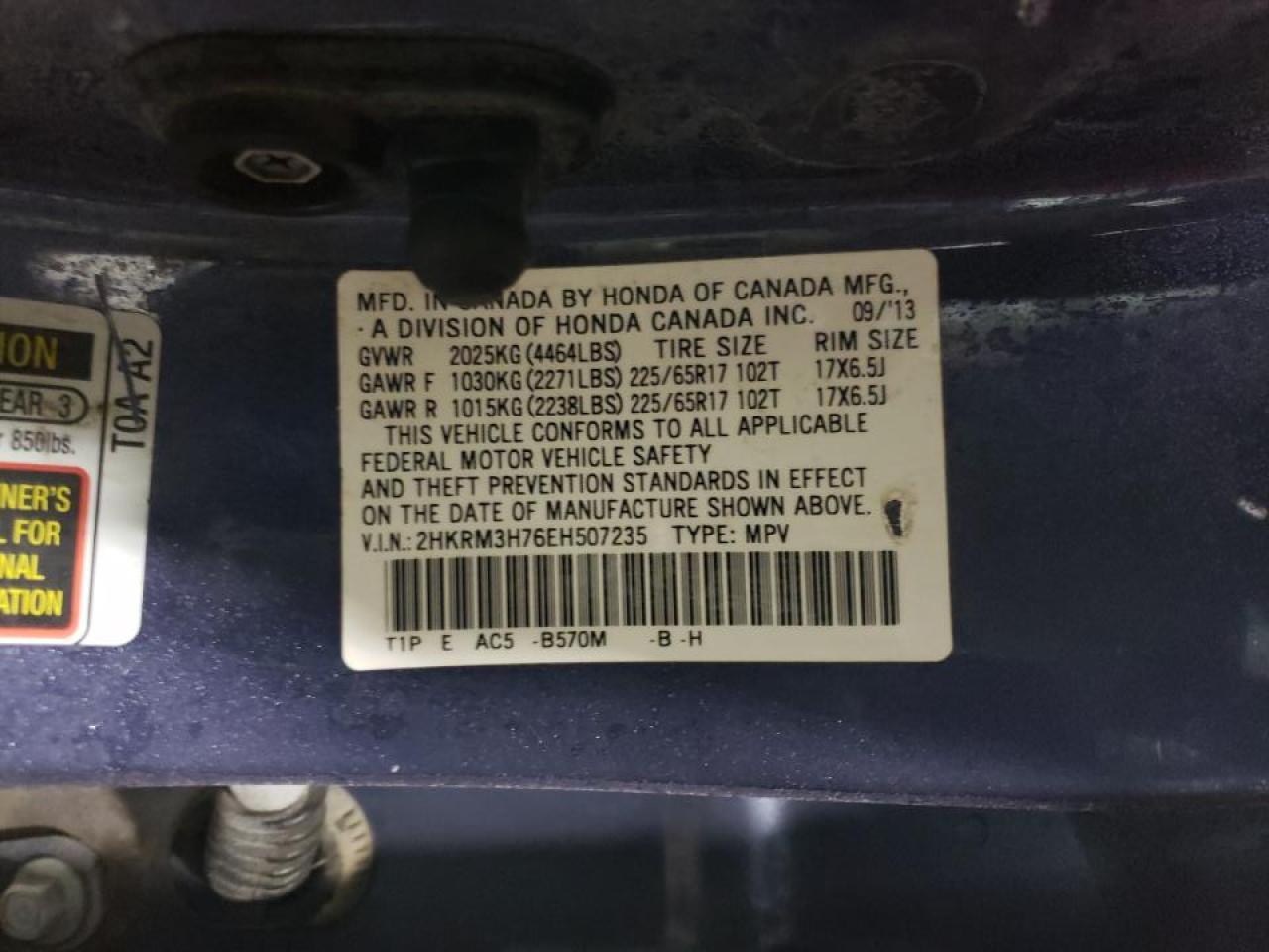 Photo 10 from auction – 2014 HONDA CR-V EXL with VIN 2HKRM3H76EH507235