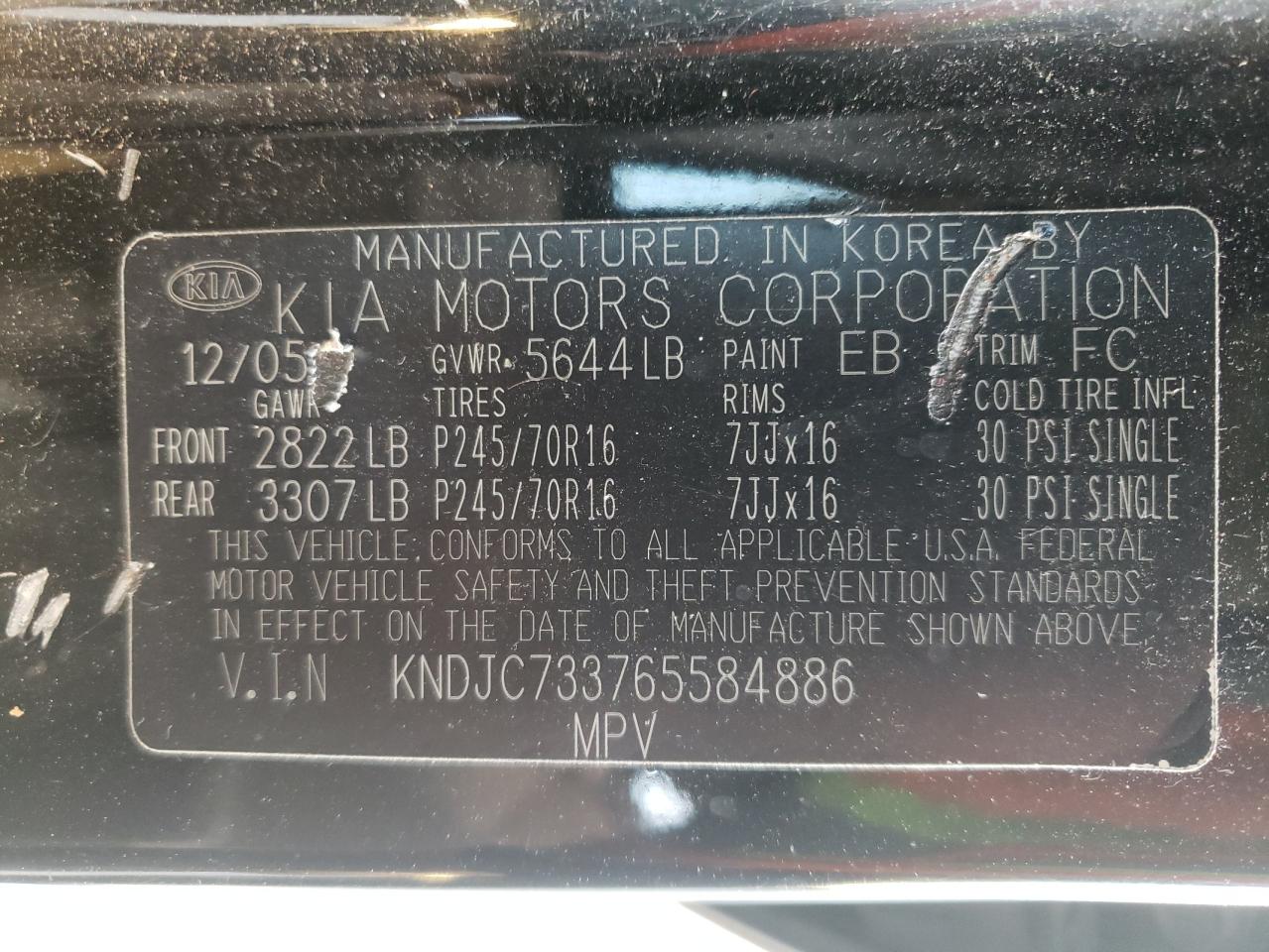 Photo 10 from auction – 2006 KIA SORENTO EX with VIN KNDJC733765584886