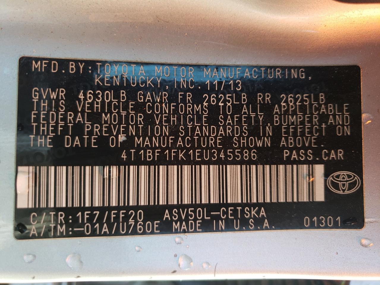 Photo 10 from auction – 2014 TOYOTA CAMRY L with VIN 4T1BF1FK1EU345586