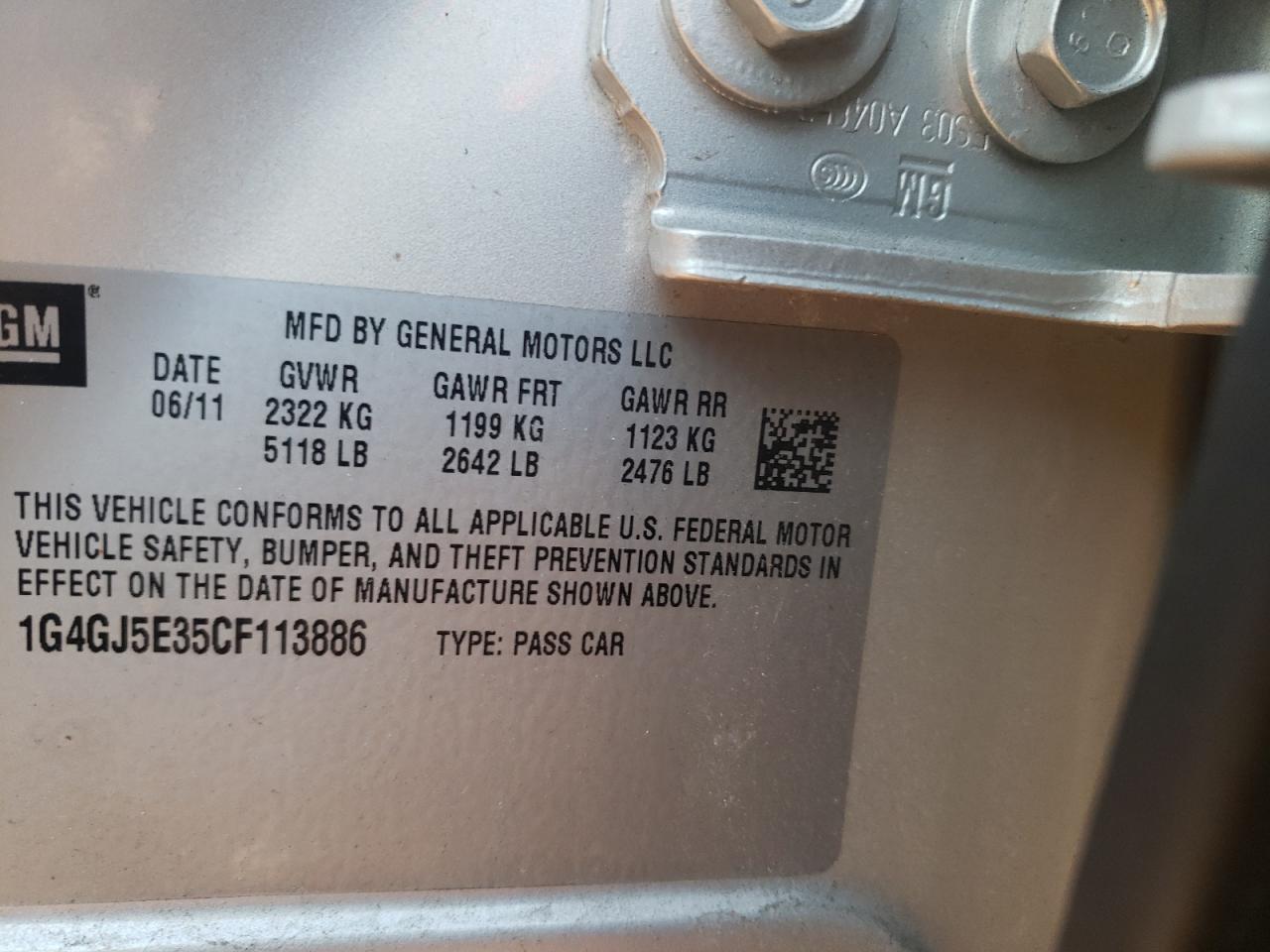 Photo 10 from auction – 2012 BUICK LACROSSE T with VIN 1G4GJ5E35CF113886