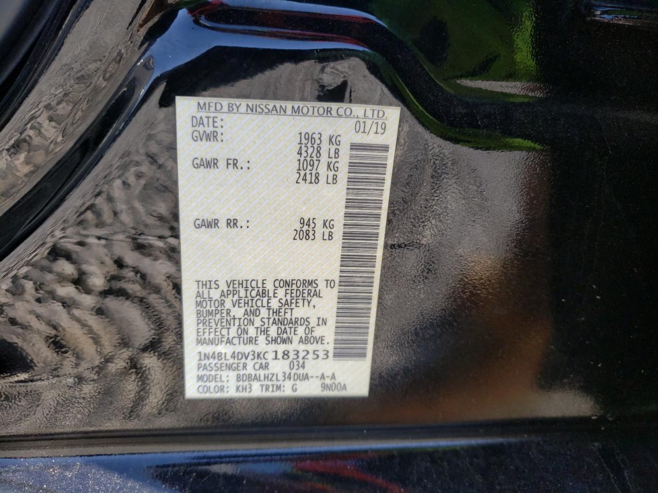 Photo 10 from auction – 2019 NISSAN ALTIMA SV with VIN 1N4BL4DV3KC183253