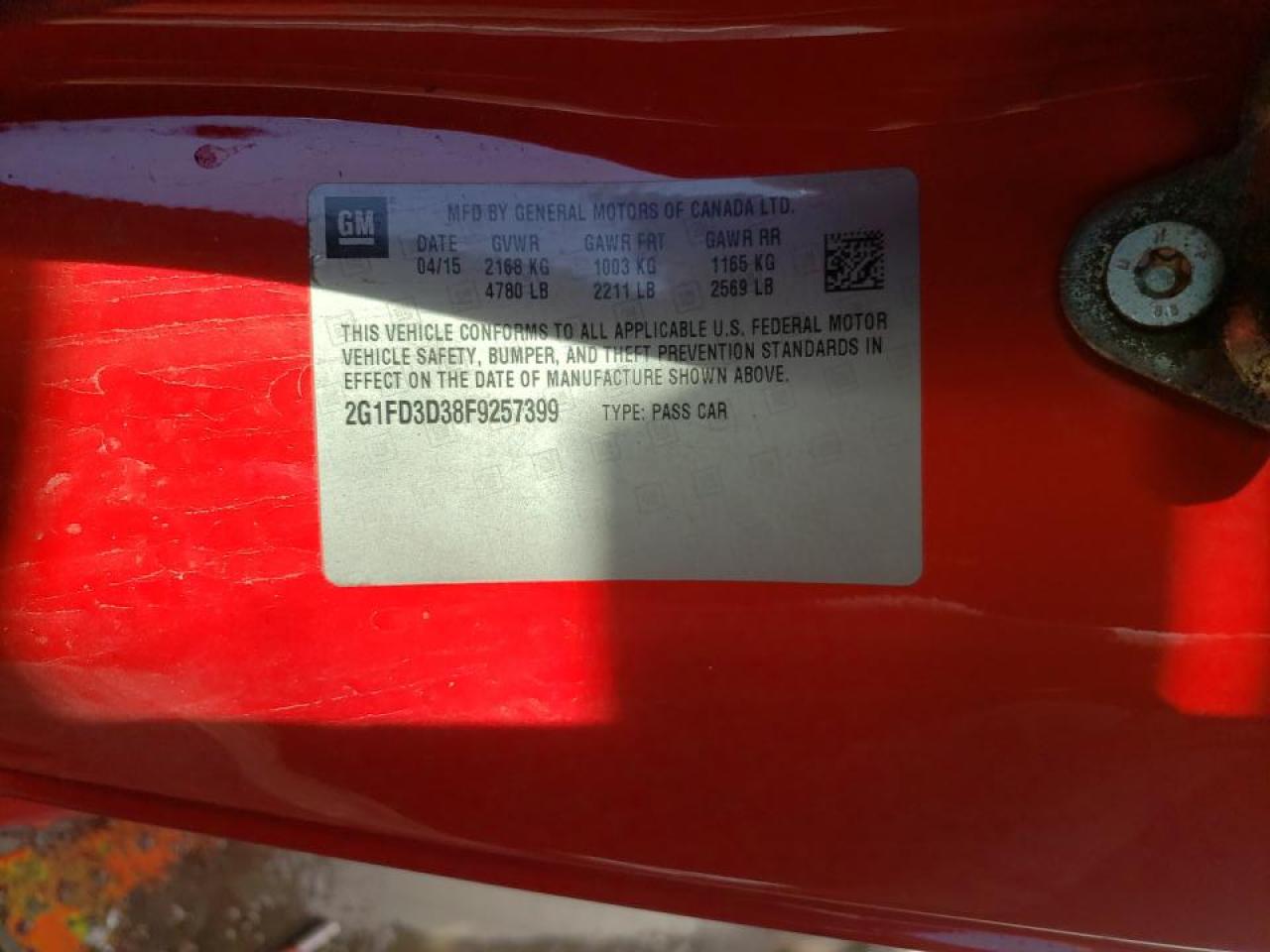 Photo 10 from auction – 2015 CHEVROLET CAMARO LT with VIN 2G1FD3D38F9257399
