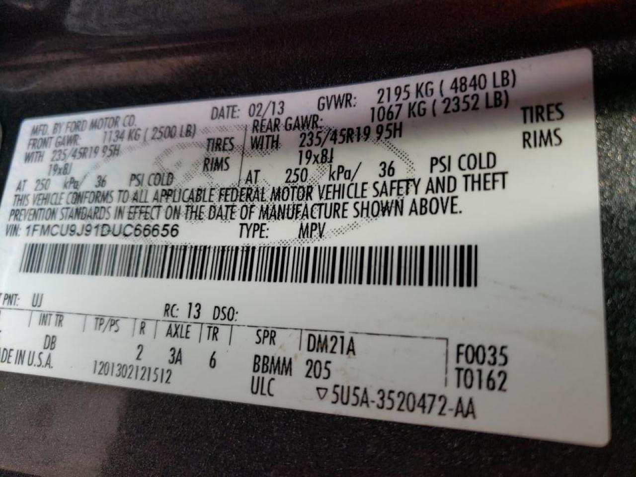 Photo 10 from auction – 2013 FORD ESCAPE TIT with VIN 1FMCU9J91DUC66656