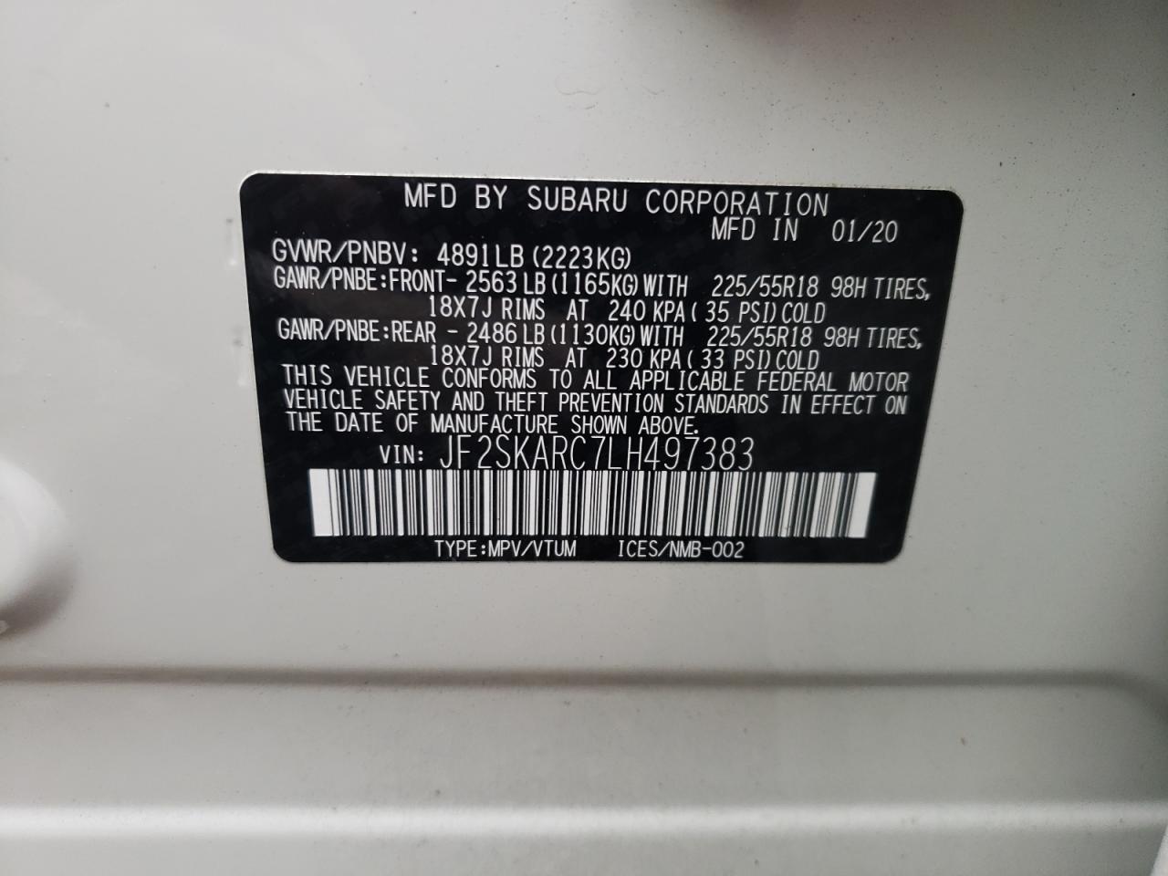 Photo 10 from auction – 2020 SUBARU FORESTER S with VIN JF2SKARC7LH497383