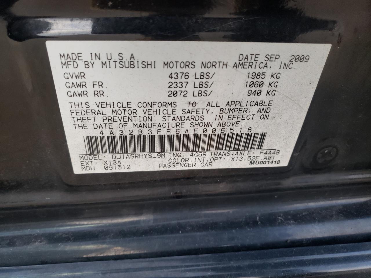 Photo 10 from auction – 2010 MITSUBISHI GALANT ES with VIN 4A32B3FF6AE006516