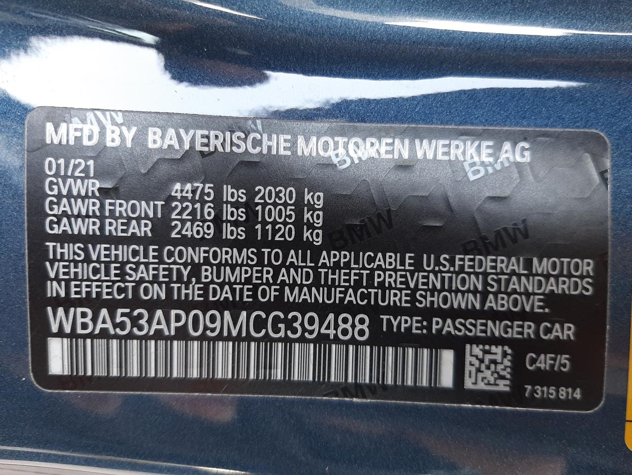 Photo 10 from auction – 2021 BMW 430I with VIN WBA53AP09MCG39488