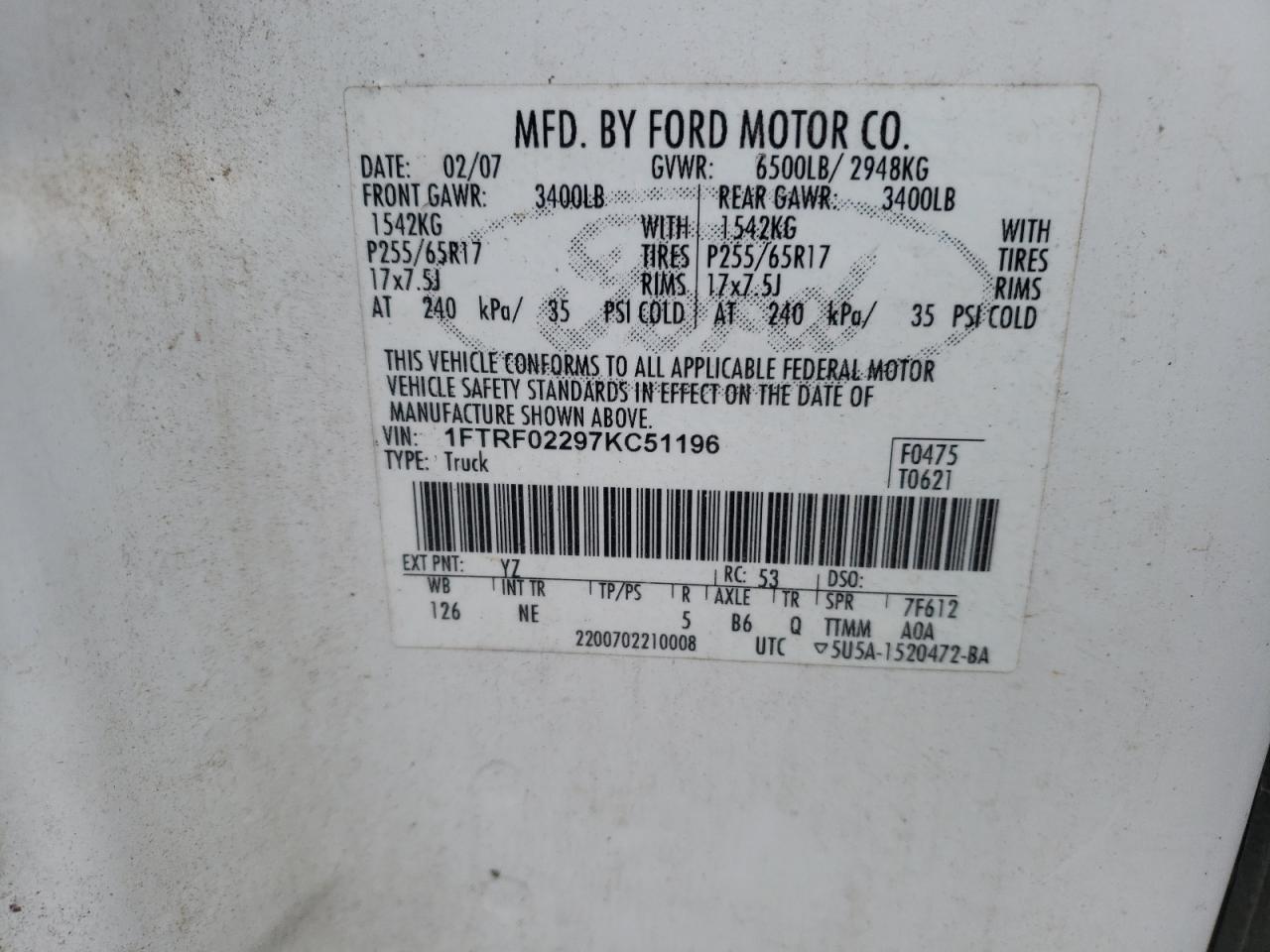 Photo 10 from auction – 2007 FORD F150 with VIN 1FTRF02297KC51196