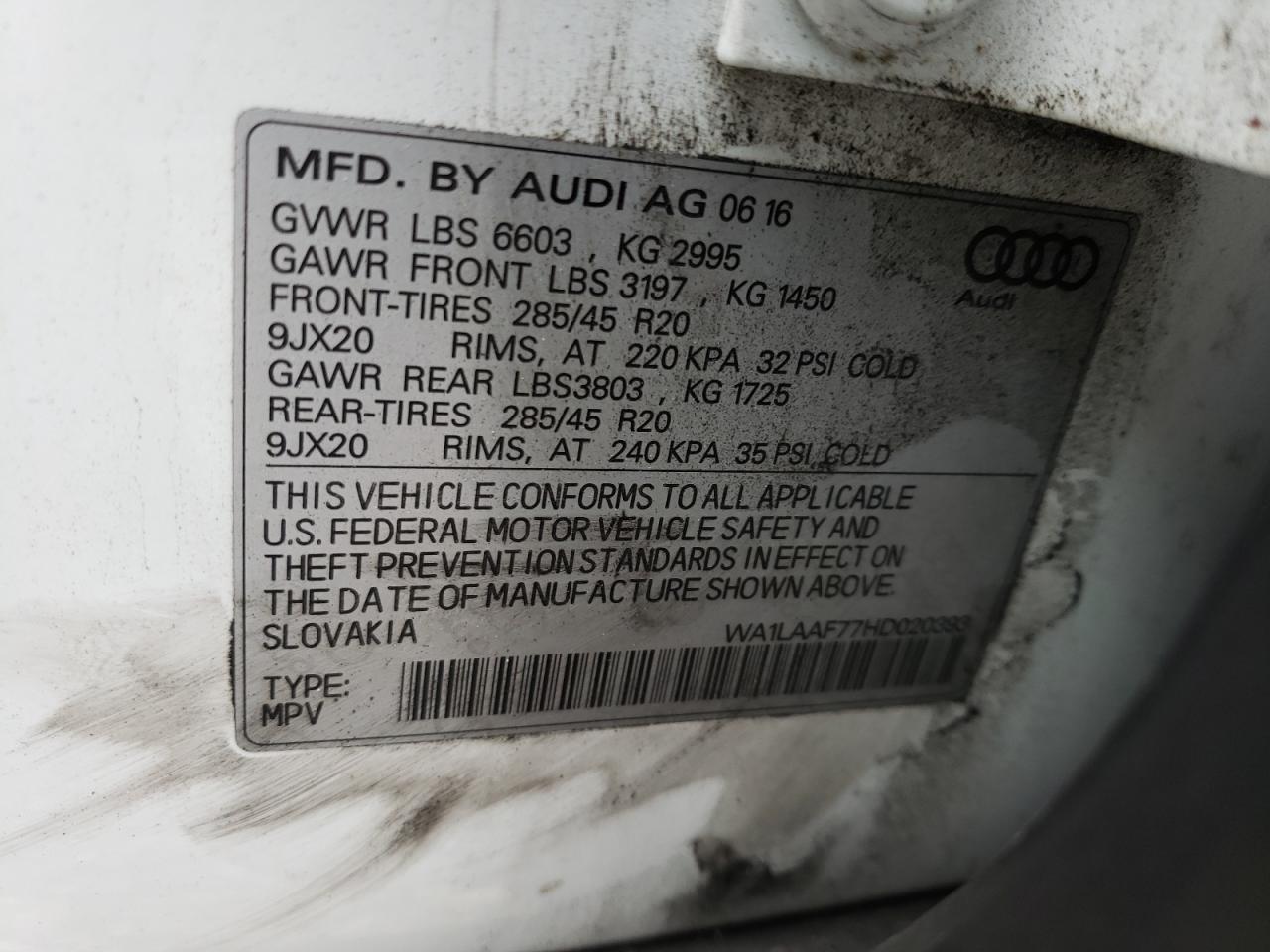 Photo 10 from auction – 2017 AUDI Q7 PREMIUM with VIN WA1LAAF77HD020393